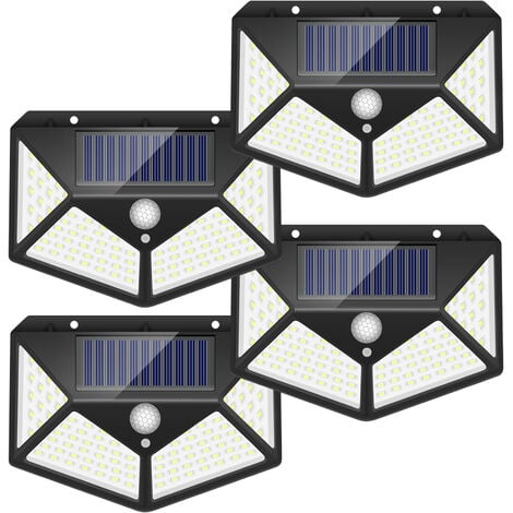 COMELY Lote de 4 luces de exterior de 100 LED alimentadas por energía solar con detector de movimiento, 3 modos de iluminación,luces de pared para jardín, terraza, patio, luces de seguridad