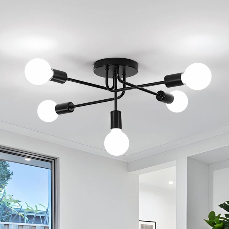Luminaire Plafonnier Industriel, 5-Lumières Lustre Sputnik Vintage, Moderne Lampe de Plafond en Metal, E27 Luminaire Cuisine Noir pour Salon Chambre