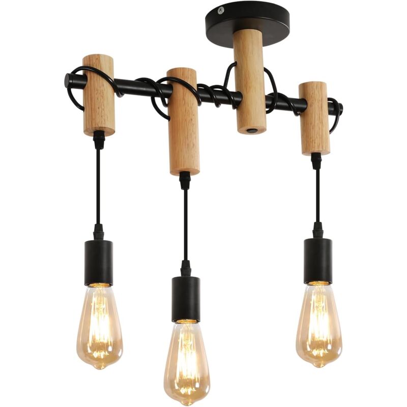 Comely - Lustre Industriel Vintage, Suspension en Bois Design Industriel, Luminaire Suspendu en Métal, Base 3×E27, Max 60W, pour Salon, Salle à