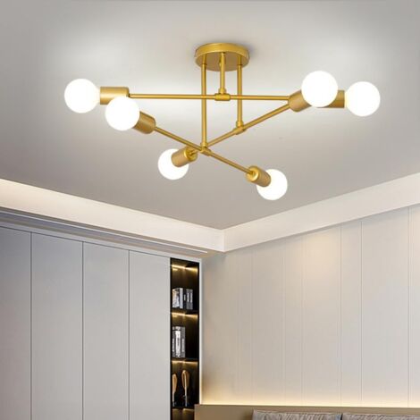 Comely – Plafonnier industriel 6 lumières E27 en métal doré – Installation facile – Pour salon, cuisine, chambre – IP20 – 60x60x19 cm