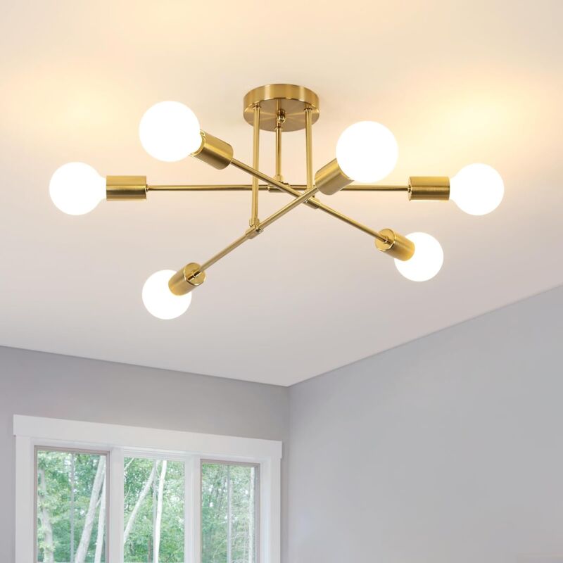 Comely - Lustre Plafonnier Industriel, 6 Lumières E27 Lampe de Plafond Vintage en Metal, Plafonnier Sputnik Doré Retro pour Salon Cuisine Salle à