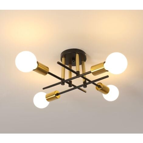 COMELY Plafón Industrial con 4 Luces de Metal, Casquillos E27, Estilo Vintage, Lámpara de Techo Retro para Salón, Cocina, Comedor, Dormitorio - Negro y Oro (Bombillas no incluidas)