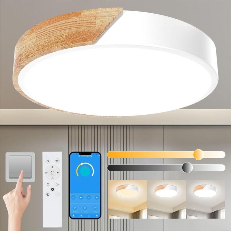 Comely - Plafonnier Bois,Plafond Dimmable 3000K-6000K,Plafonnier Led Télécommandé,30W Luminaire Moderne Pour Le Salon, La Chambre Et Le Couloir,