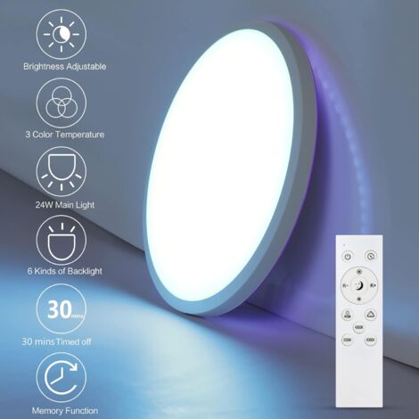 Comely – Plafonnier LED dimmable 24W RGB – 6 couleurs – Télécommande – Luminaire étanche pour salon, chambre, salle de bain, cuisine ø28cm 2200LM