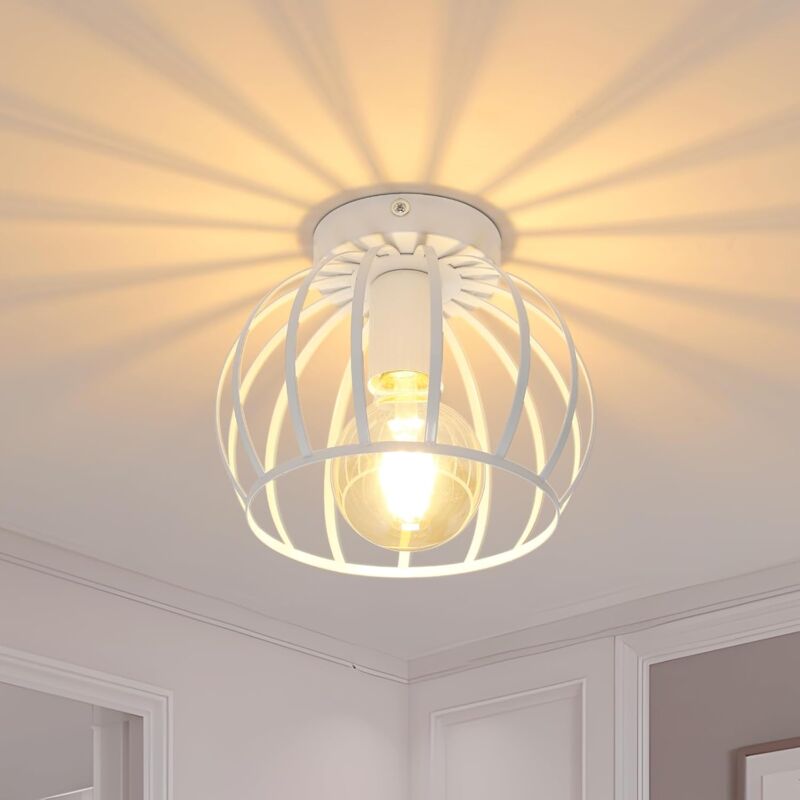 Comely - Plafonnier Vintage E27, Plafonnier Semi-encastré Blanc Abat-jour de Plafond à Cage en Métal, Lampe de Plafond Rétro pour Couloir Entrée
