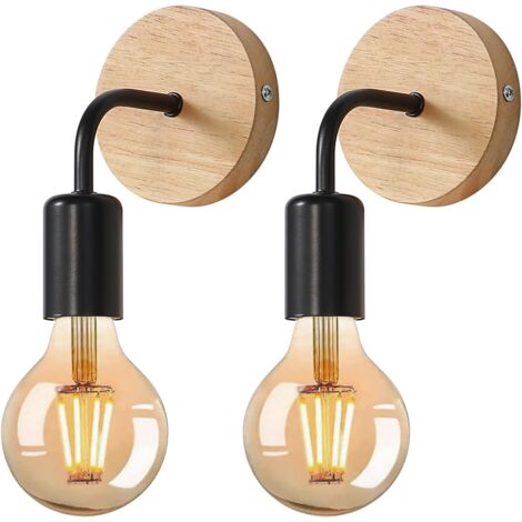 COMELY Set di 2 Lampade da Parete per Interni, Applique in Legno E27, Lampada da Muro per Soggiorno, Camera da Letto - Nero (Lampadina Non Inclusa)