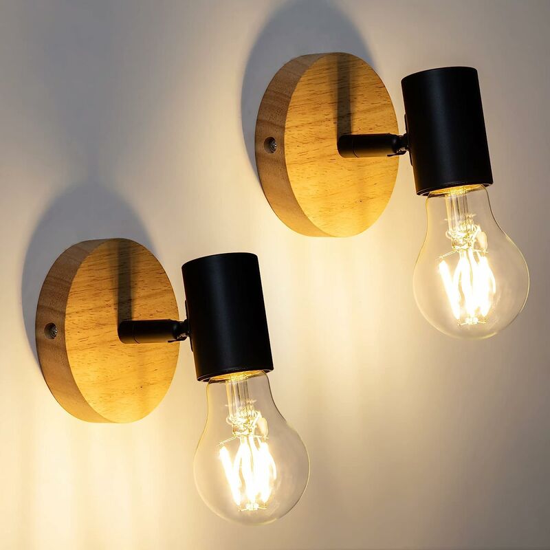 Image of Set di 2 lampade da parete per interni, lampada da parete in legno industriale E27, illuminazione vintage per camera da letto, scale, corridoio