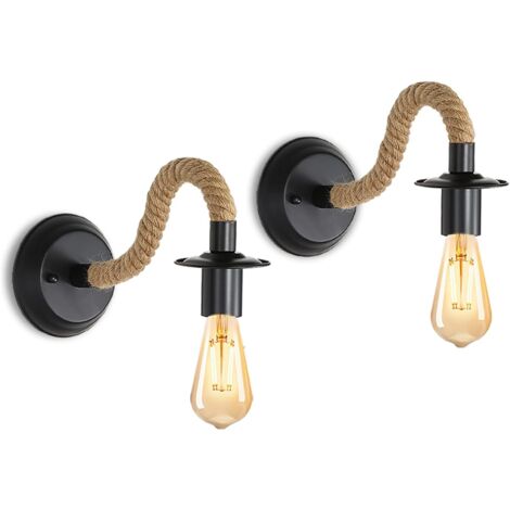 COMELY Set of 2 Vintage Wall Sconces, Hemp Rope Wall Lamps, E27 Retro Indoor Wall Light for Hallway, Loft, Bedroom, Cafe, Bar (Bulb Not Included)