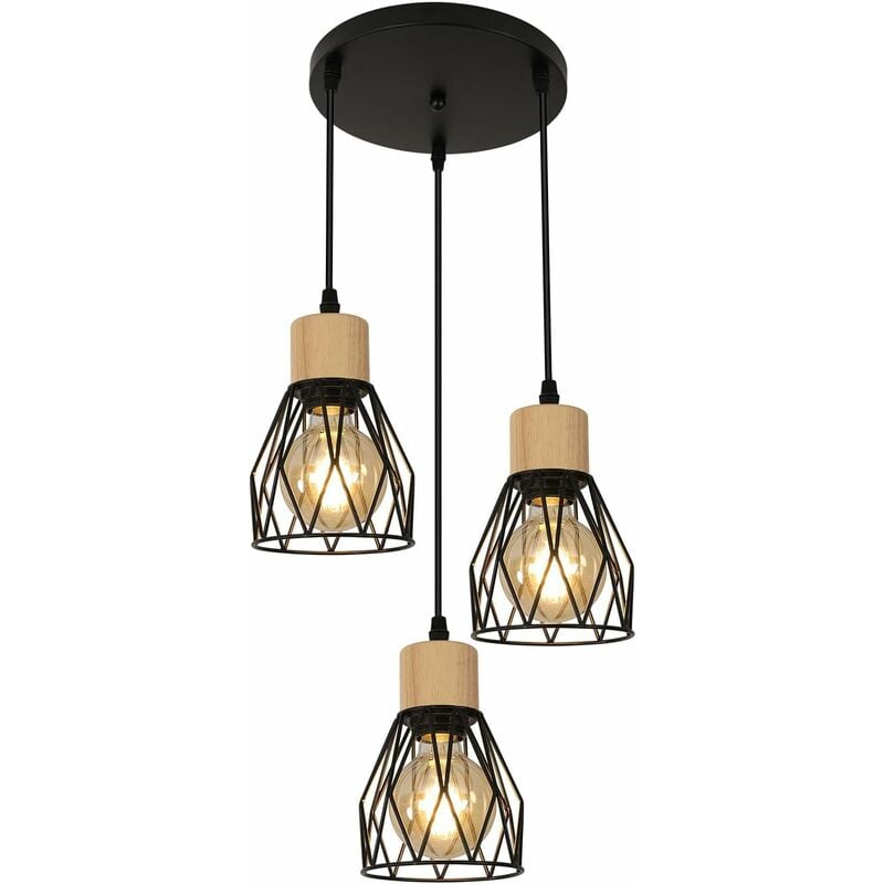 COMELY Suspension Cuisine Industrielle Lustre Noir en Fer avec Abat-Jour Cage Luminaire Plafonnier E27 Réglable en Hauteur Diamètre 12 cm 3