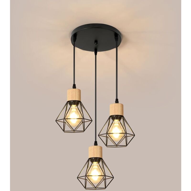 Suspension Cuisine Industrielle Lustre Noir en Fer avec Abat-Jour Cage Luminaire Plafonnier E27 Réglable en Hauteur Diamètre 16 cm 3 Lumières(Ampoule