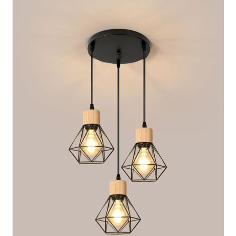 COMELY Suspension Cuisine Industrielle Lustre Noir en Fer avec Abat-Jour Cage Luminaire Plafonnier E27 Réglable en Hauteur Diamètre 16 cm 3 Lumières(Ampoule Non Incluse)