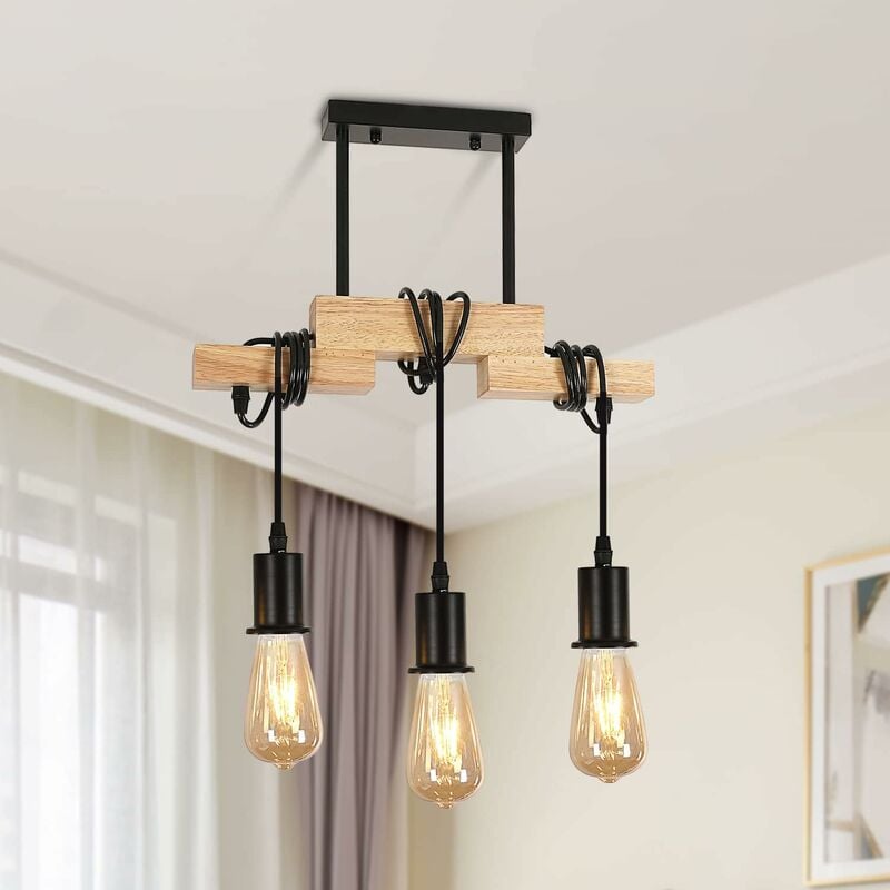 Suspension Luminaire Industriel en Bois avec 3 Têtes d'Éclairage E27 pour Salon Cuisine Salle à Manger Chambre - Comely