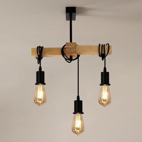 COMELY Suspension Luminaire Industriel, Lustre Industriel Rétro à 3 têtes E27, Lustre Industriel en Bois et Métal pour Salon, Cuisine, Chambre à Coucher (Ampoule non Incluse)