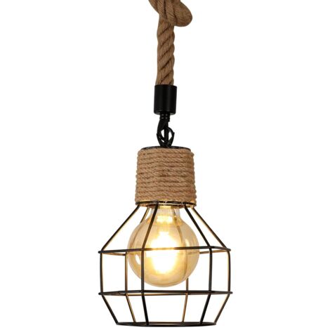 Comely – Suspension luminaire industrielle en bois et corde – Hauteur réglable – Douille E27 – Design vintage noir pour cuisine et restaurant