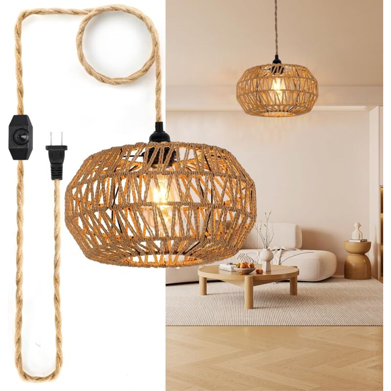 Comely - Suspension Luminaire Rotin, Lustre Vintage E27, Plafonnier en Tressage E27 avec Interrupteur à Variation, Lustre pour Chambre et Salon,