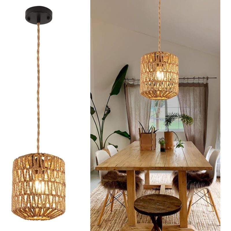 Comely - Suspension Lumineuse en Rotin, Lampe Vintage E27, Lustre Plafonnier en Rotin pour Salon, Cuisine, Chambre, Café-bar(Sans source lumineuse)