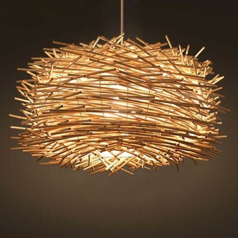 COMELY Suspension Lumineuse Rotin Vintage E27 Créative en Forme de Nid d'Oiseau Lustre en Bambou Naturel pour Salon Chambre Salle à Manger Café Ø30cm Hauteur Réglable(Ampoule non incluse)