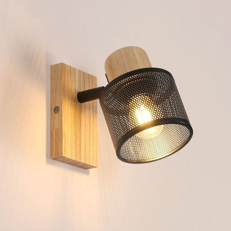 Comely - Vintage Applique Murale Intérieure en fer et bois, E27 Industrial Lampe Murale, Eclairage Mural pour Chambre à Coucher, Salon, Couloir, Noir
