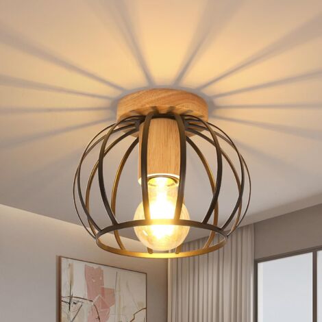 COMELYVintage Industrial Ceiling Lighting Metal Cage With Wooden Decor Suspensions Lusts Geometric Side Design Lighting E27 Ceiling Lamp For Bedroom Café Corridor (20cm, Black)