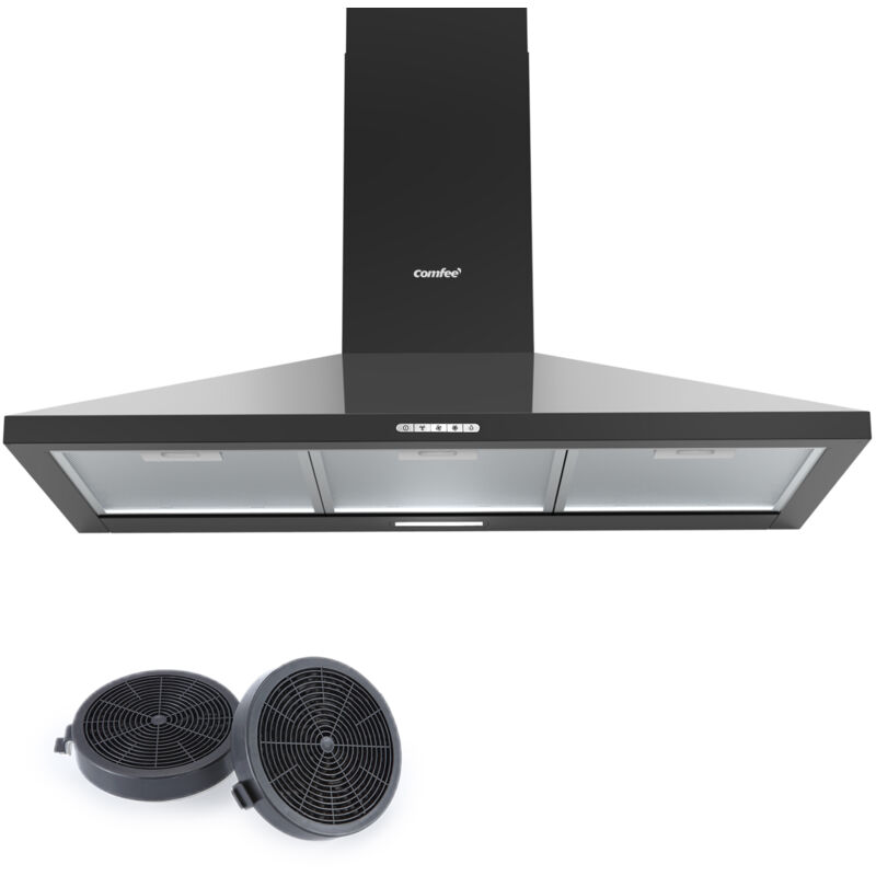 Comfee - Hotte Aspirante Hotte de Cuisine 90cm-3 Vitesses- 2 Filtres à Charbon- Recyclage ou Évacuation-LED lampe-Noir