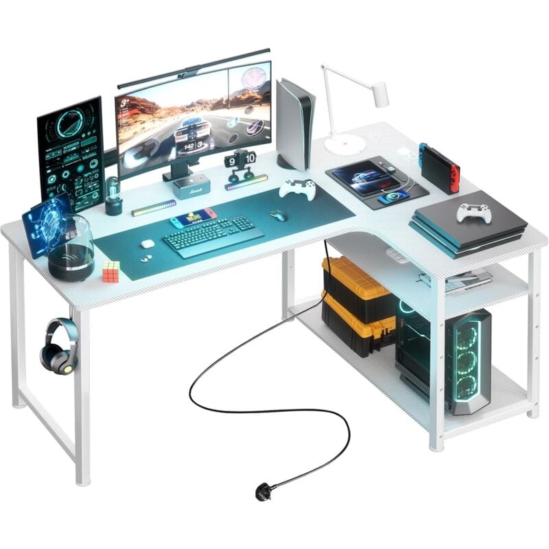 Bureau Gamer en L avec Rangement, Bureau d'Angle Gaming, Table PC Étagères Intégrées, Avec Port USB,Prise, pour Jeu,Travail, Blanc