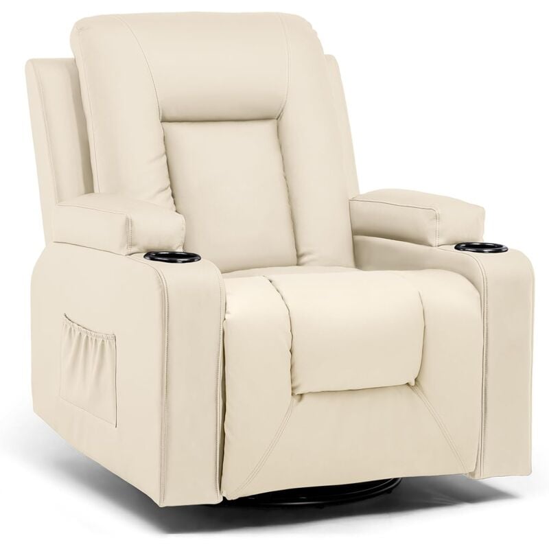 Fauteuil Relaxation en Tissu avec Fonction Inclinable, Recliner Chair, Pivotant à 360 °, 2 Poches Latérales et Porte-Tasse - blanc
