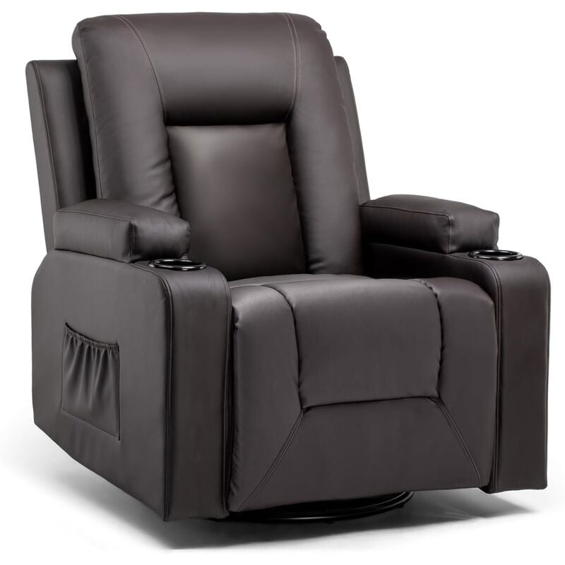 Fauteuil Relaxation en Tissu avec Fonction Inclinable, Recliner Chair, Pivotant à 360 °, 2 Poches Latérales et Porte-Tasse - Marron