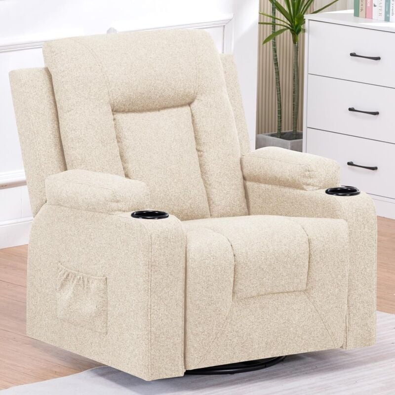 Fauteuil Relaxation en Tissu avec Fonction Inclinable, Recliner Chair, Pivotant à 360 °, 2 Poches Latérales et Porte-Tasse - Beige