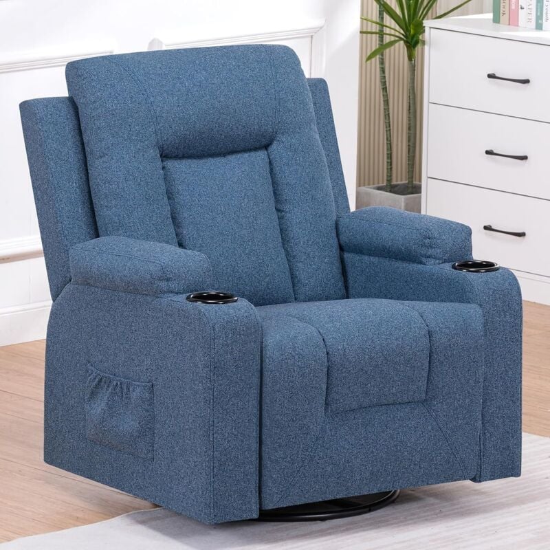 Fauteuil Relaxation en Tissu avec Fonction Inclinable, Recliner Chair, Pivotant à 360 °, 2 Poches Latérales et Porte-Tasse - Bleu
