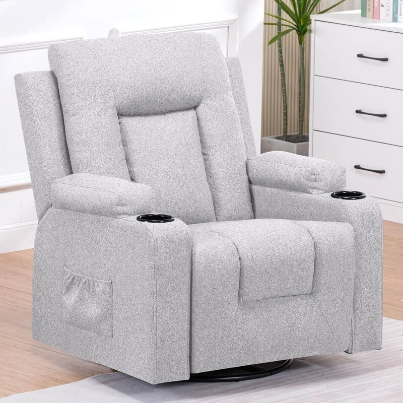 Fauteuil Relaxation en Tissu avec Fonction Inclinable, Recliner Chair, Pivotant à 360 °, 2 Poches Latérales et Porte-Tasse - Gris clair