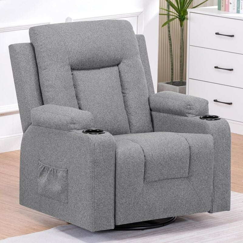 Fauteuil Relaxation en Tissu avec Fonction Inclinable, Recliner Chair, Pivotant à 360 °, 2 Poches Latérales et Porte-Tasse - Gris Foncé
