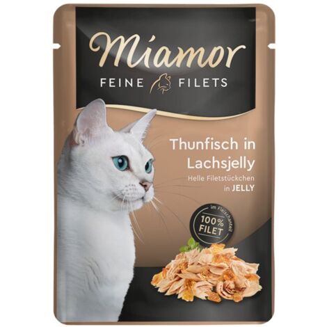 Comida h煤meda para gatos MIAMOR Filetes de at煤n en gelatina de salm贸n 24x100g
