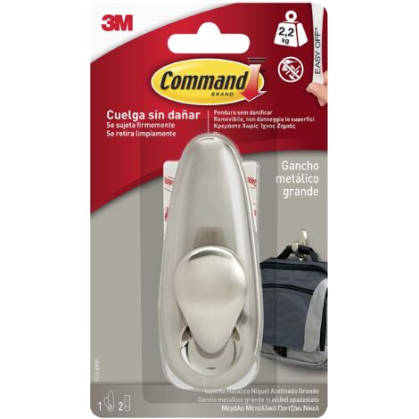 Command 16804 Gancio Metallico Punta Arrotondata, Resistente all'Acqua, L, Nichel Spazzolato, L