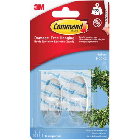 Command™ Clear Hooks with Clear Strips, Medium Size, Pack of 2 - Damage-Free Wall Mounts (Model COM17091CLR)