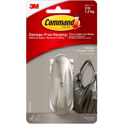 Command Gancio di design medio in nichel spazzolato, uso interno, 1 gancio medio in metallo e 2 strisce adesive per appendere giacche, borse, zaini, cappelli, sciarpe, guinzagli per cani, organizza