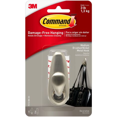 Command Medium Forever Classic Gancio in metallo nichel spazzolato, uso interno, 1 gancio medio in metallo e 2 strisce adesive, organizza senza danni