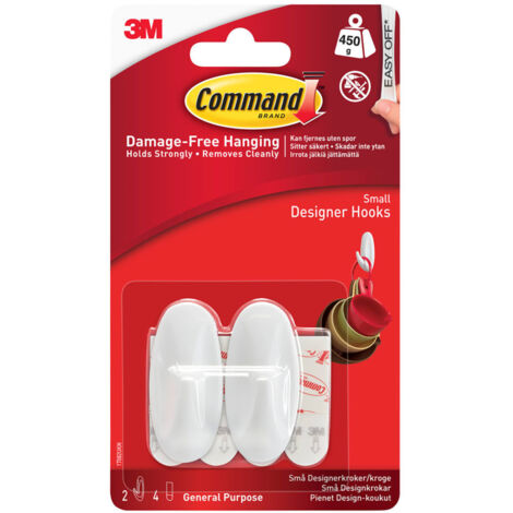 Command Small White Designer Hooks Pack of 2 - Easy-Install, Damage-Free Wall Hooks for Hanging Light Items