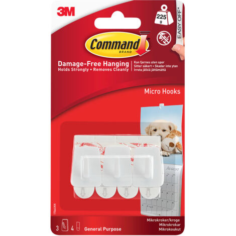 Command™ White Micro Hooks Pack of 3 – Damage-Free Wall Hooks for Light Items, Model COM17066