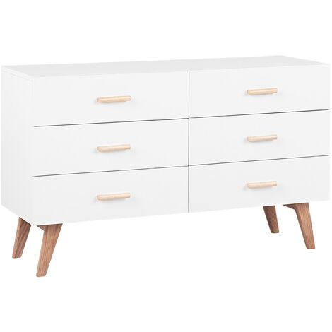 Commoble Banche Mat avec Pieds en Bois de Chêne composé de 6 Tiroirs 75 cm de Hauteur au Style Moderne Beliani - Blanc