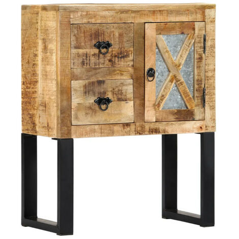 Commode 1 porte 2 tiroirs manguier massif clair et métal noir Maneci