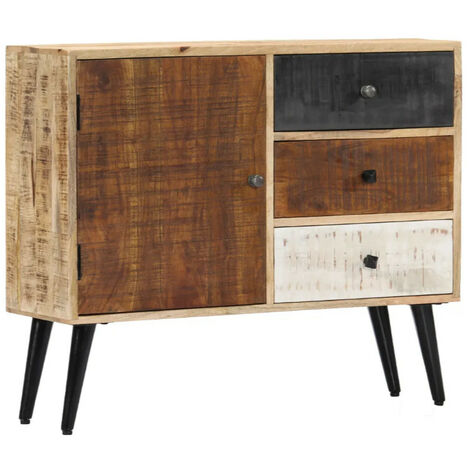 Commode 1 porte 3 tiroirs manguier massif clair et pieds métal noir Bastia