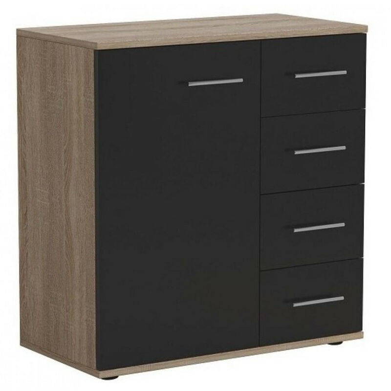 LES TENDANCES Commode 1 porte 4 tiroirs chêne naturel et noir mat Sobry 81 cm