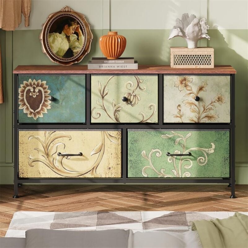 Commode 100 cm, avec 5 tiroirs de rangement, motif vintage, structure en métal, style bohème, meuble de salon en bois - Multicouleur