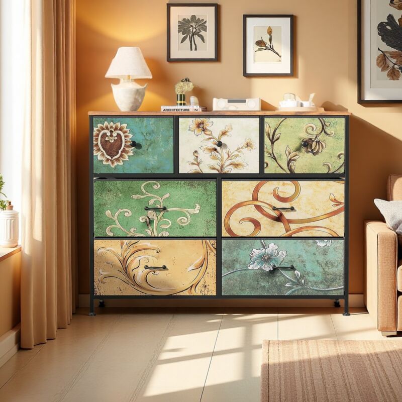 Commode 100 cm, avec 7 tiroirs de rangement, motif vintage, structure en métal, style bohème, meuble de salon en bois,Multicolore