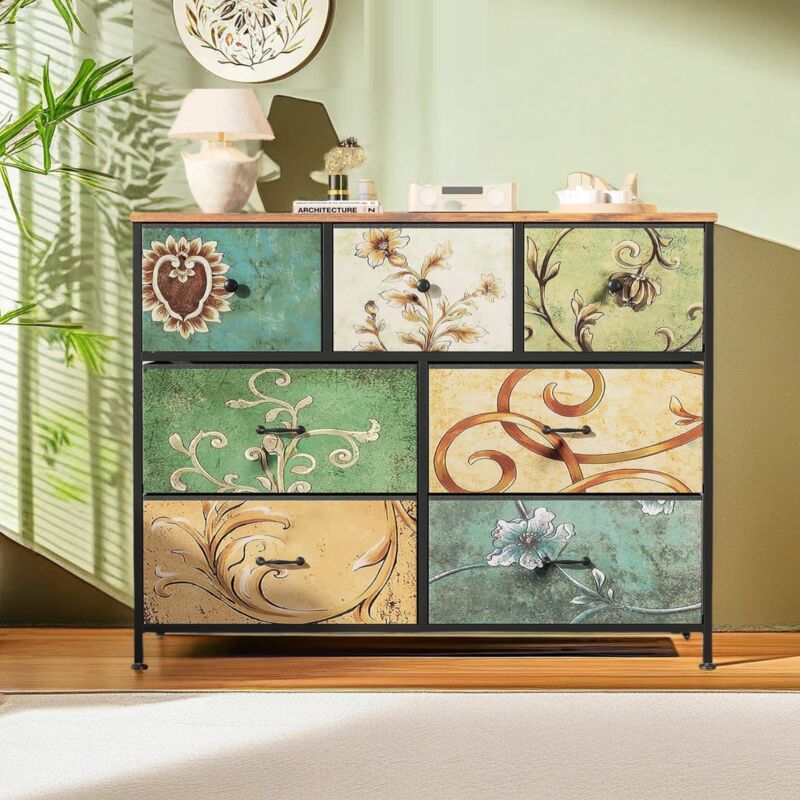 Commode 100 cm - avec 7 tiroirs de rangement - motif vintage