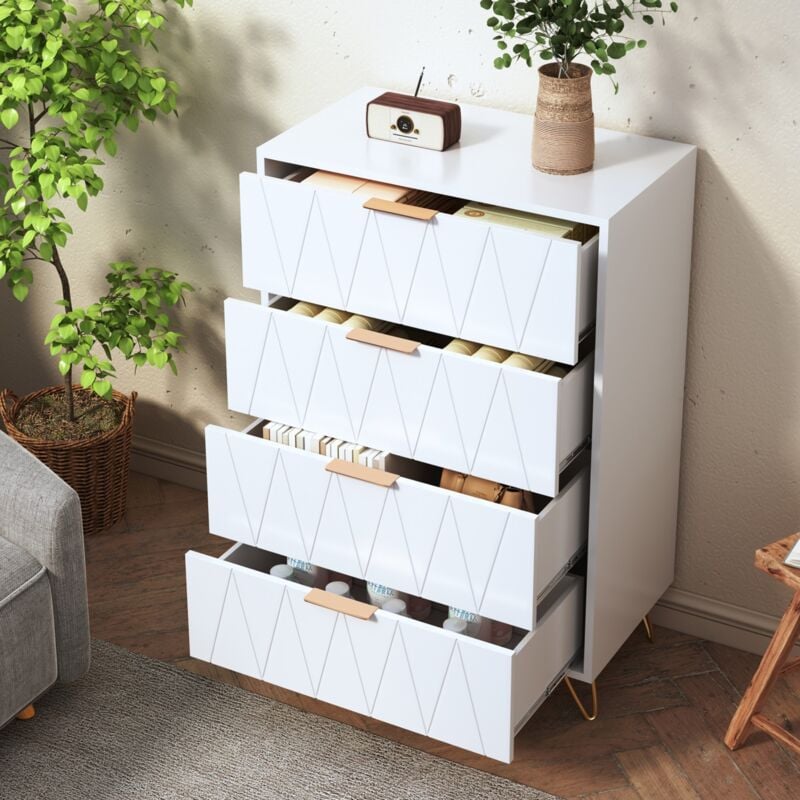 Commode 60 cm, avec 4 tiroirs, placage losange blanc, style scandinave, buffet blister losange, pour chambre, cuisine, salon - 60x34x90 cm