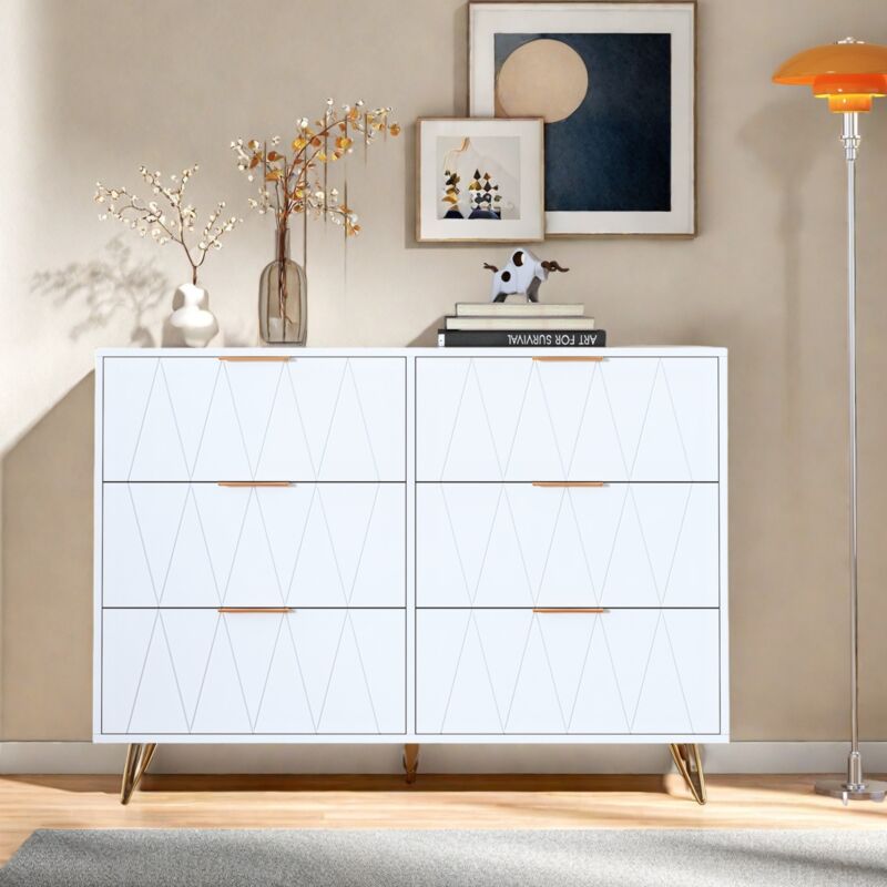 Commode 100 cm avec 6 tiroirs, Finition diamant blanche, style scandinave, buffet à vaisselle, pour chambre, cuisine, salon, 100x34x72,5 cm