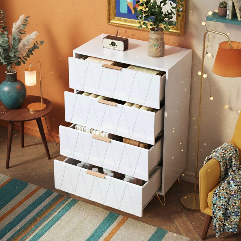 Commode 60 cm avec 4 tiroirs, Finition diamant blanche, style scandinave, buffet à vaisselle, pour chambre, cuisine, salon, 60x34x90 cm