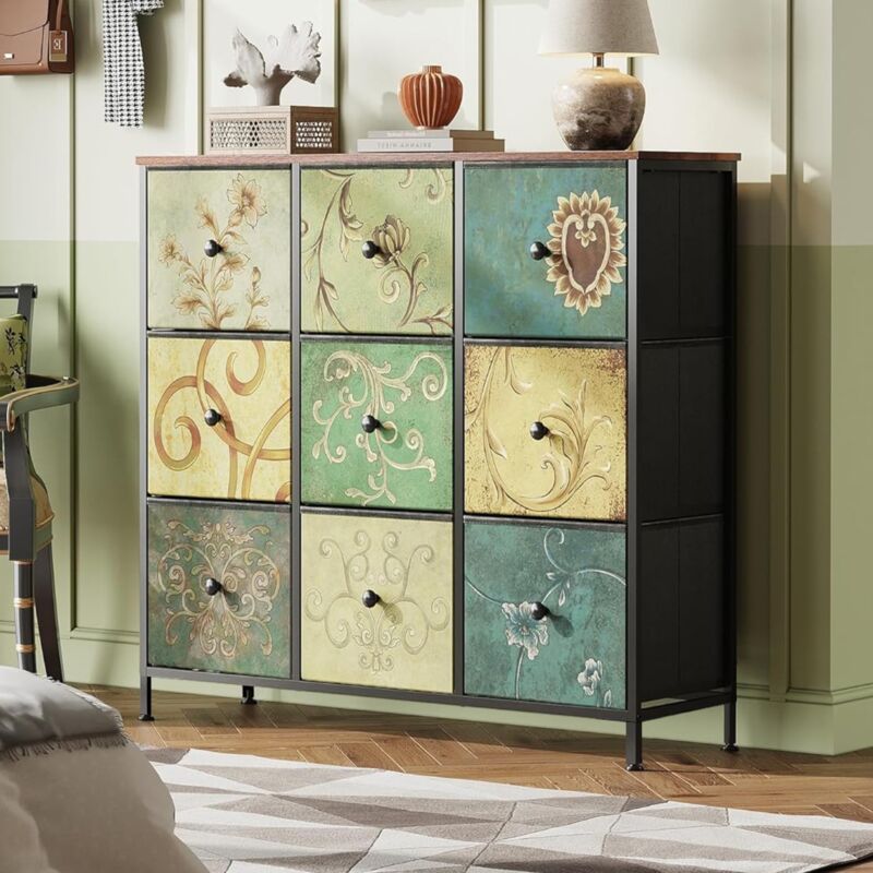 Commode 100 cm, avec 9 tiroirs de rangement, motif vintage, structure en métal, plateau en bois, style bohème, meuble de salon en bois - Multicolore