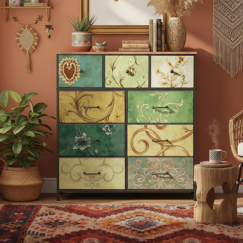 Commode 100 cm, avec 9 tiroirs de rangement, motif vintage, structure en métal, style bohème, meuble de salon en bois - Multicolore